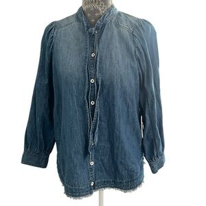 Anthropologie Pilcro Tie-Neck Long Sleeve Frayed Hem Denim Shirt Size Small